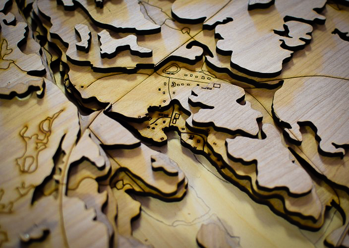 Planning with Maps: First Nation Watershed Map in 3D using wood elevation cutouts